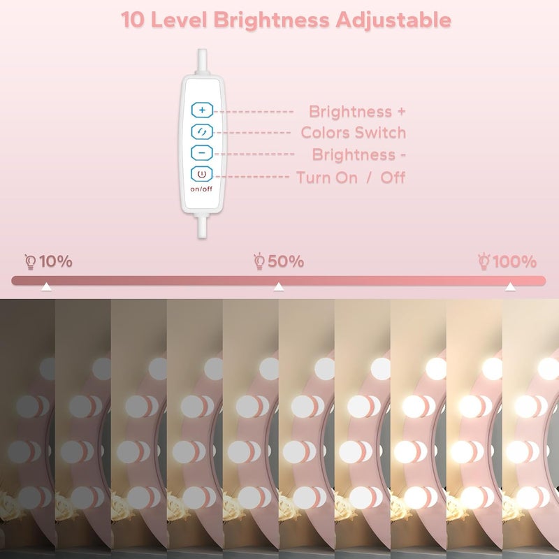 Bairth LED Vanity Lights For Mirror, Pink Vanity Light Stick on with 10 Dimmable Bulbs, 3000K 4000K 6500K & 10 Level Brightness Adjustable USB Cable Hollywood Mirror Lights for Makeup Dressing Room Bathroom - Image 2